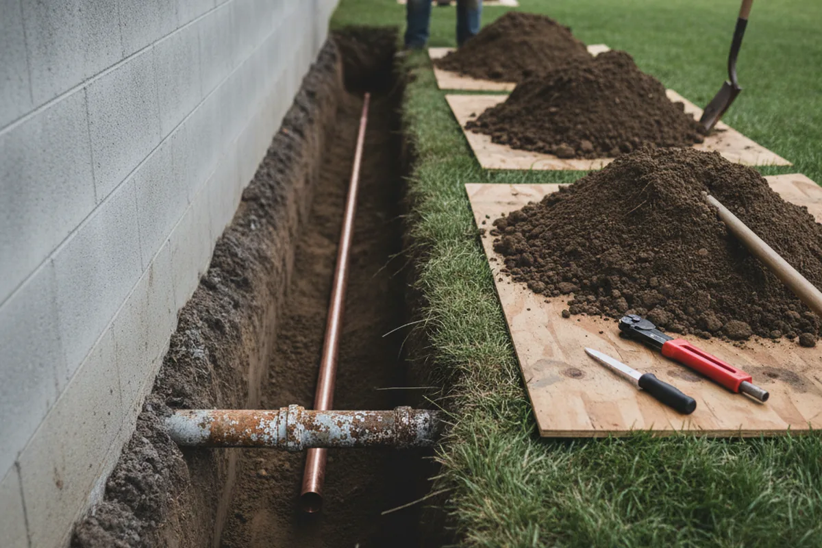 Excavated water line trench during Water Softener Installation in Saline